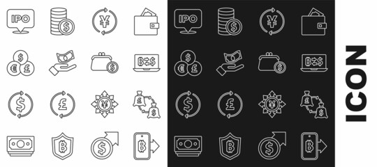Set line Mining bitcoin from mobile, Currency exchange, Cryptocurrency, Coin money with Yen, Hand holding, IPO and Wallet coins icon. Vector