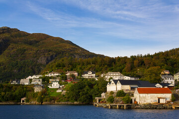 Village in the hills facing the sea in Norway