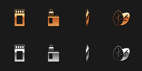 Set Matchbox and matches, Vape mod device, Marijuana joint, spliff and Tobacco leaf icon. Vector