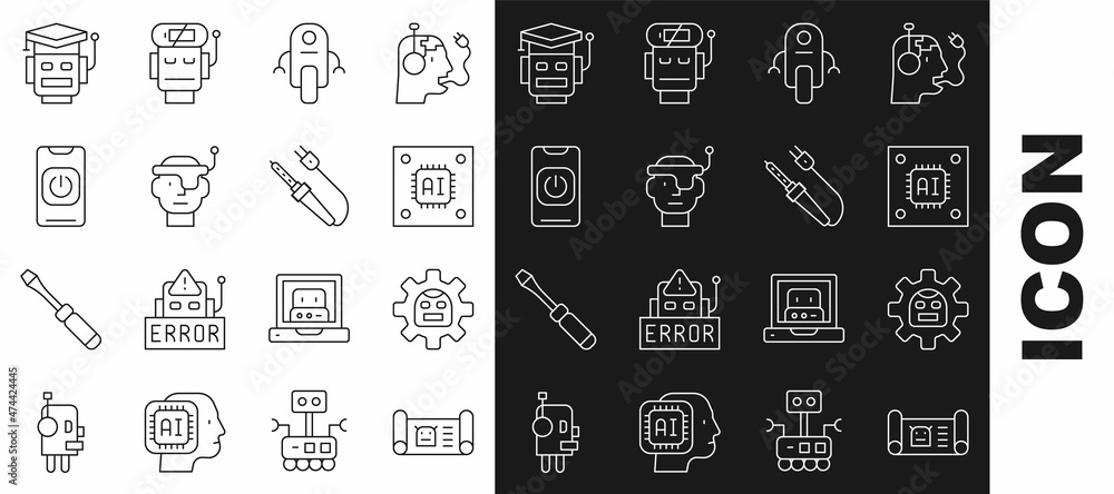 Poster set line robot blueprint, processor with microcircuits cpu, smart glasses, turn off robot from phone