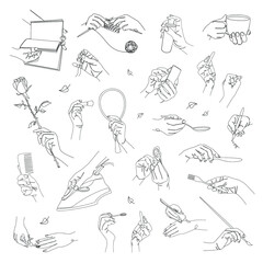 Fototapeta premium Collection. Silhouettes of hands in a person's life: with a phone, a cup, a pen in a modern one line style. Solid line, outline for decor, posters, wall art, stickers, logo. Set of vector illustration