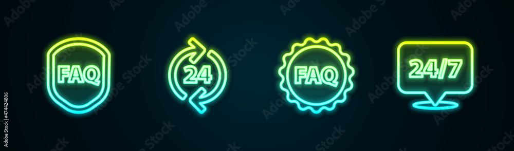 Poster set line shield with text faq, telephone 24 hours support, label and clock. glowing neon icon. vecto