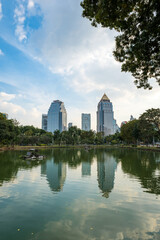Fototapeta na wymiar Lumpini park in Bangkok and the skyline of downtown Bangkok central area. Lumphini park is a popular park public space for local residents and tourists.