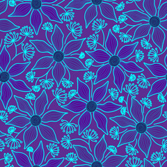 Blue daisies, wild plants, line art, blue background. Seamless floral pattern, vector.