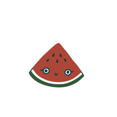 Cute kawaii flat red watermelon smiling with eyes. Cute childish berry character. Isolated flat fully editable illustration on white background.