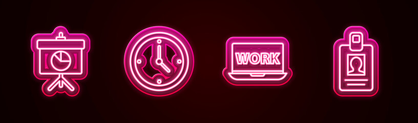 Set line Chalkboard with diagram, Clock, Laptop text work and Identification badge. Glowing neon icon. Vector