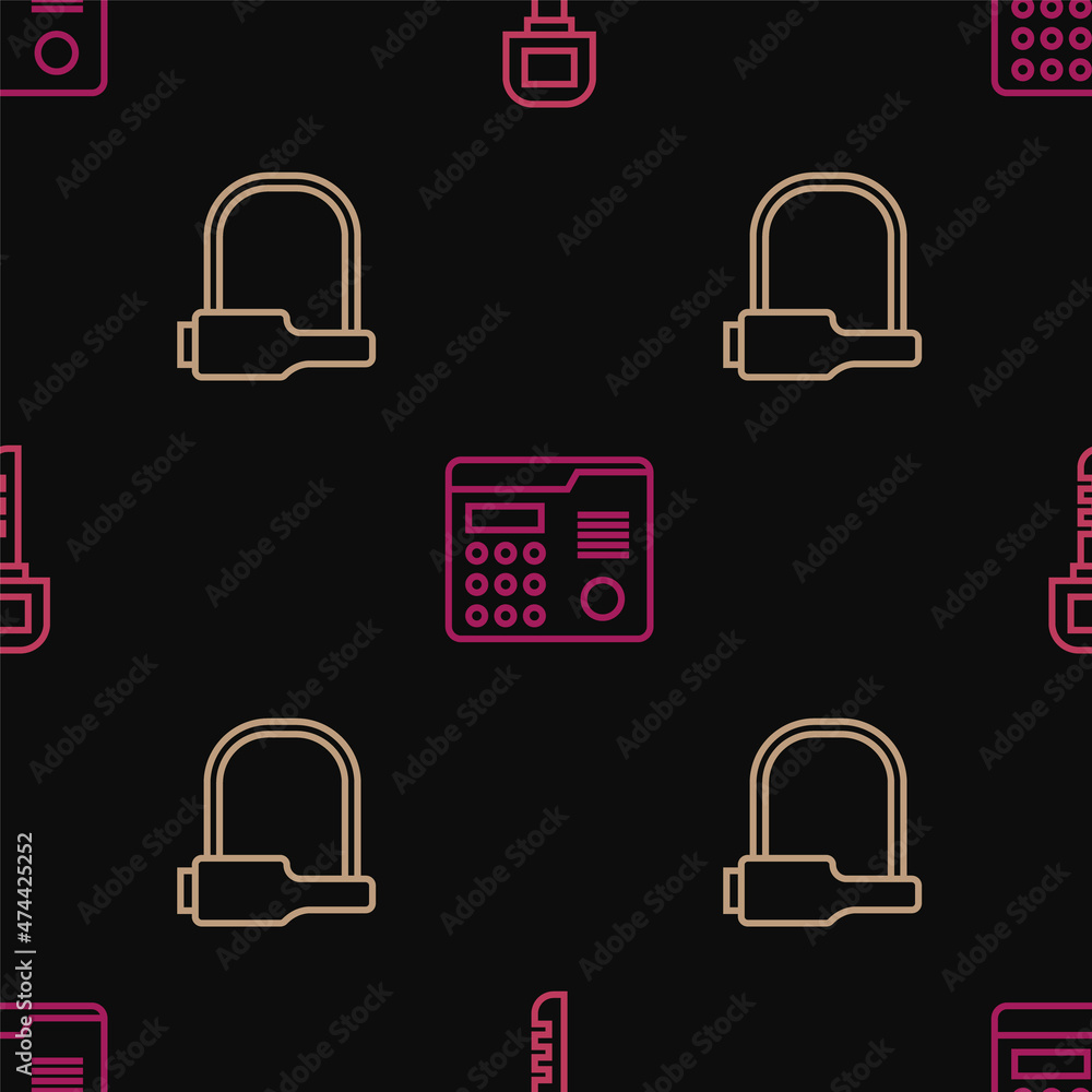 Poster set line key, bicycle lock and house intercom system on seamless pattern. vector