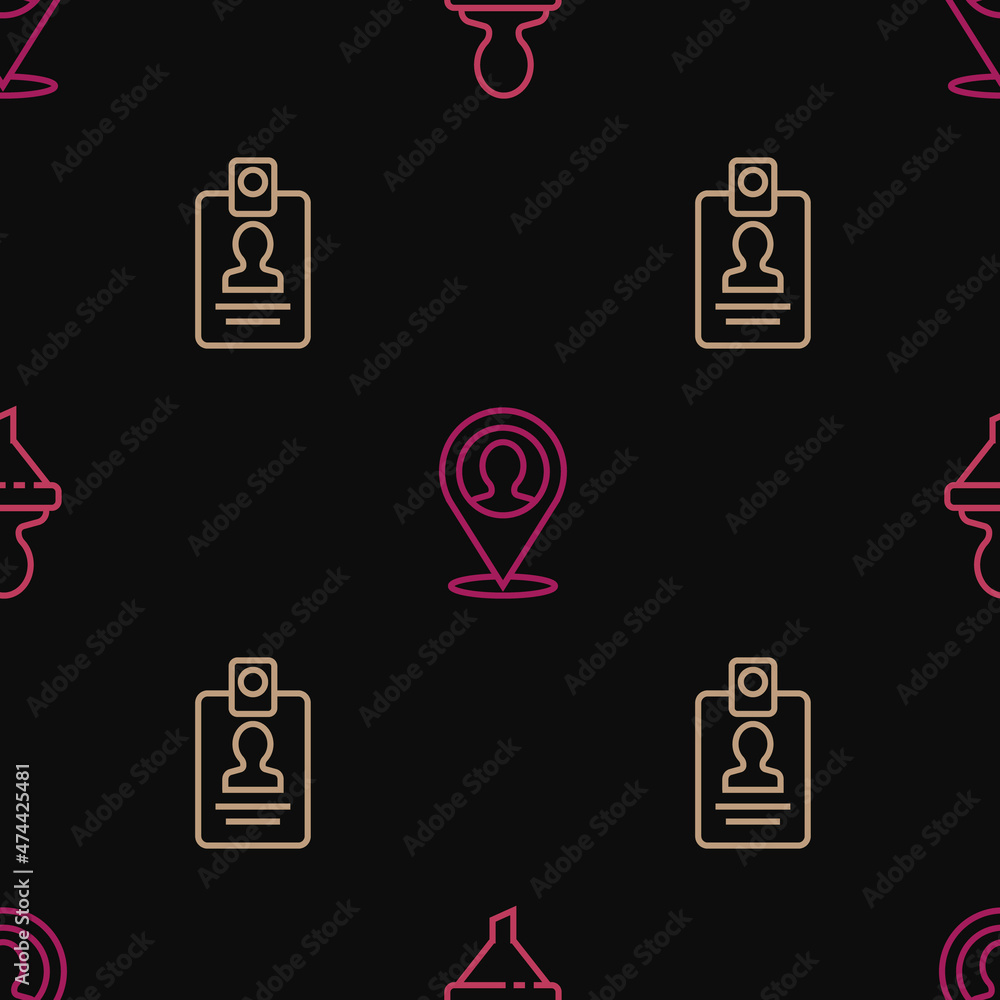 Poster set line head hunting, identification badge and location with person on seamless pattern. vector