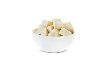Tofu cubes bean curd food prepared by coagulating soy milk in a bowl isolated on white