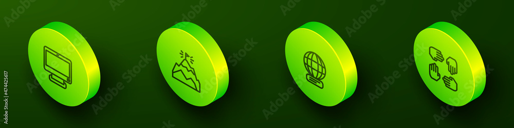 Poster set isometric line computer monitor, mountains with flag, worldwide and project team base icon. vect