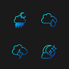 Set line Cloud with moon, Storm, rain and and . Gradient color icons. Vector