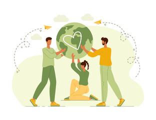 People characters trying to save planet earth. Group of environmentalists. Flat vector illustration world environmental day, nature protection, nature saving concept. Eco friendly lifestyle