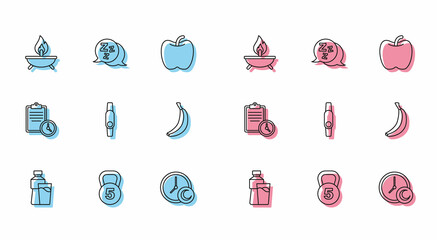 Set line Bottle of water with glass, Weight, Aroma candle, Time to sleep, Smartwatch, Banana, Sport training program and Sleepy icon. Vector