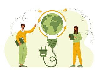 Flat vector concept illustration renewable alternative energy, generation and saving green eco energy. People trying to save planet earth. World environmental day, nature protection, nature saving