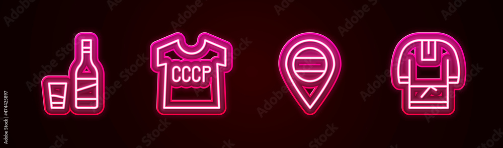 Poster set line bottle of vodka with glass, ussr t-shirt, location russia and kosovorotka. glowing neon ico