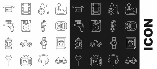 Set line Glasses, Photo, 90s Retro, Yoyo toy, Floppy disk, Ray gun, Waist bag of banana and Ear with earring icon. Vector