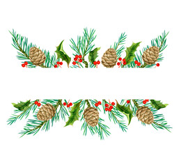 Banner with holly berries and fir twigs with cones for christmas greetings, advertising and more on white isolated background. Happy New Year, Merry Christmas. Watercolor