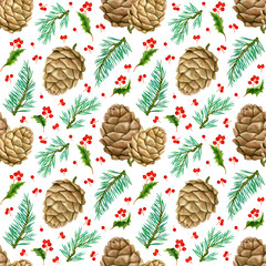 Seamless pattern with fir twigs with cones, holly berries on white insulated background for christmas packaging, wallpaper, fabric. Happy New Year. Watercolor