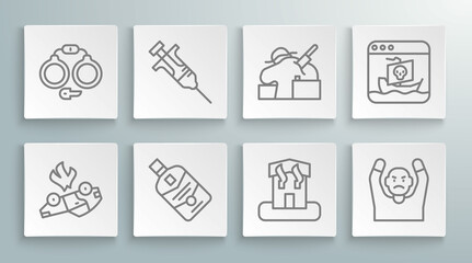 Set line Burning car, Syringe, Whiskey bottle, Arson home, Thief surrendering hands up, Murder, Internet piracy and Handcuffs icon. Vector