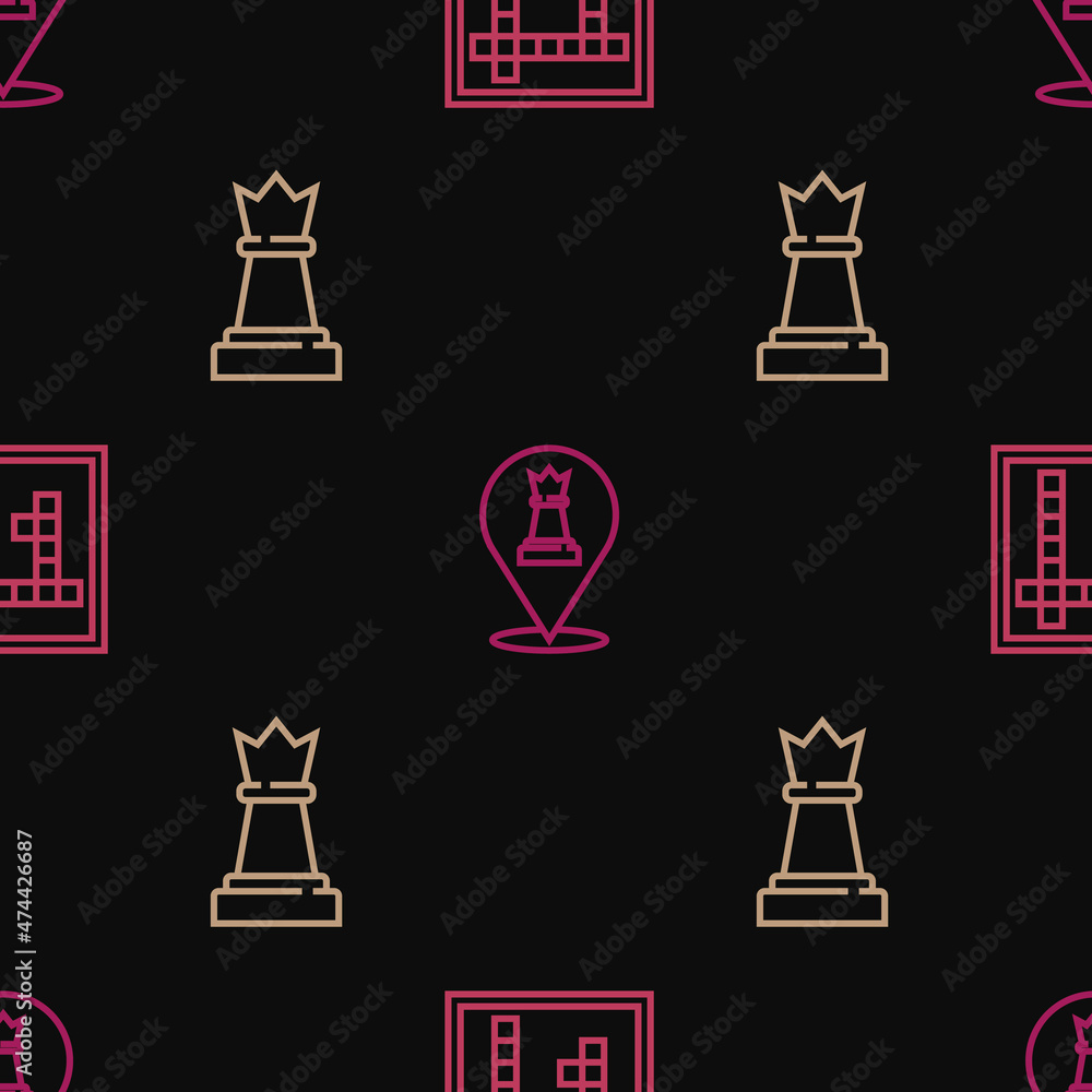 Poster set line bingo, chess and on seamless pattern. vector