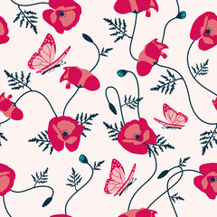 Red Poppies and Butterflies on light Pink background