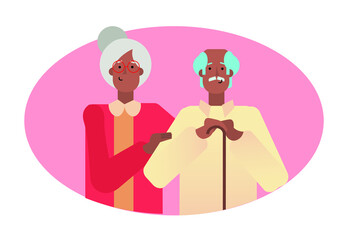 Mature adult couple in an oval frame, old man and woman's family album. 