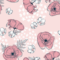 Vintage Pink Poppies, Allium and White Anemone flowers