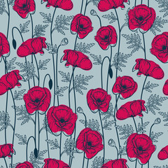 Vintage Red Poppies on a light green background