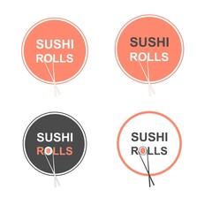 A set of isolated logos, icons, templates with the inscription sushi rolls. Japanese cuisine. Vector correctable flat design for a store, sushi bar, restaurant, web, application.