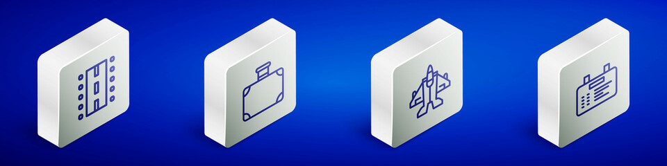 Set Isometric line Airport runway, Suitcase, Jet fighter and board icon. Vector