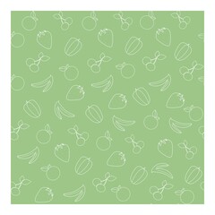 Seamless vector pattern. Linear icons of strawberries, oranges, bananas, cherries for product design, store, web. Abstract background with fruits and berries on a green background.