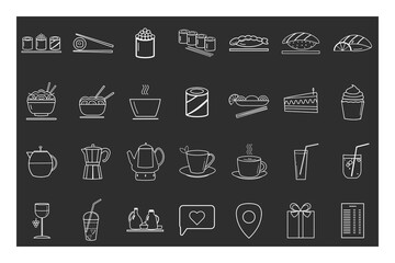 A set of sushi icons, rolls, noodles, soup, cake, drinks, lemonade, tea, menu. Asian cuisine. Vector linear elements are white on a dark background.