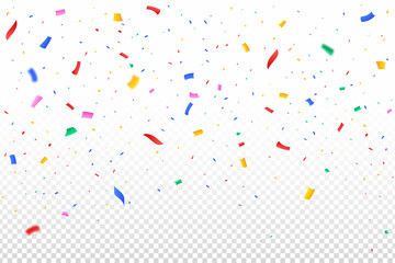 Colorful party tinsel and confetti falling. Confetti vector for festival background. Colorful confetti falling isolated on transparent background. Carnival elements. Birthday celebration.