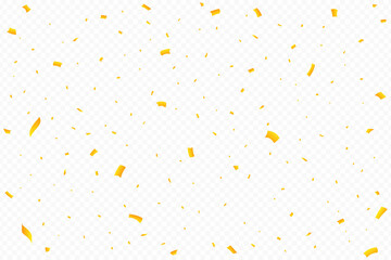 Golden confetti falling on transparent background. Festival elements. Anniversary and birthday celebration. Shiny tinsel and confetti falling. Simple confetti falling vector illustration.