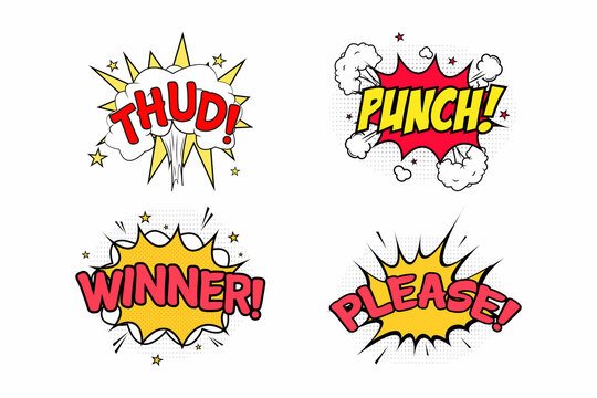 Thud Punch comic explosion with white, red, and yellow colors. Winner Please comic burst with yellow, white, and red colors. Comic explosion set. Comic burst text bubbles collection.
