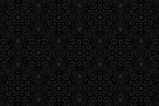 Embossed floral black background design. Decorative geometric ethnic 3D pattern. Motives of the peoples of the East, Asia, India, Mexico, Aztec.