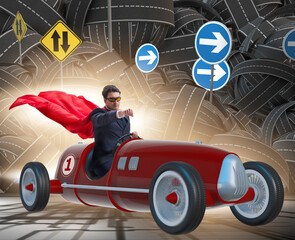 Superhero businessman driving vintage roadster