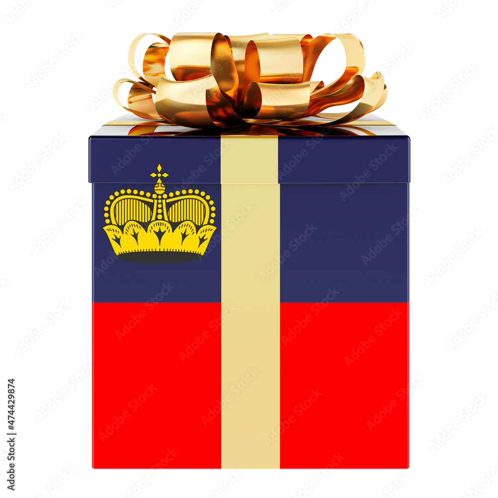 Poster gift box with liechtensteiner flag. holiday in liechtenstein, concept. 3d rendering