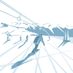 Snowboarders descend from the mountain. Winter landscape.