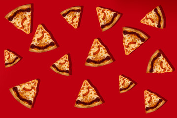 Italian pizza Margarita, cut into slices on a red background. Close-up. Patern. Top view.