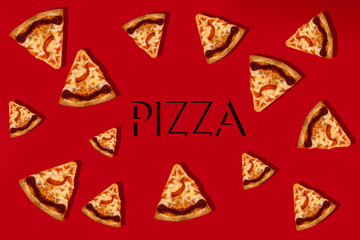 Italian pizza Margarita, cut into slices on a red background. Patern. In the middle there is an inscription pizza.