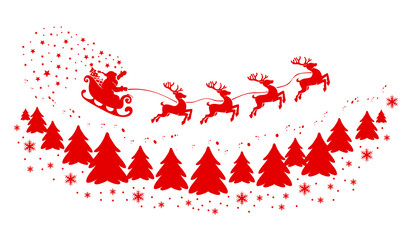 Christmas decoration with flying santa claus sleigh and reindeer. Vector on transparent background
