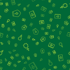 Set line Pope hat, Rosary beads religion and Holy bible book on seamless pattern. Vector