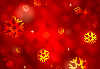 Red festive christmas background of lights and snow flakes.