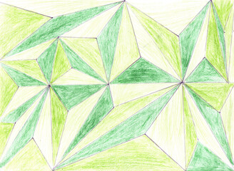 Children's abstract drawing drawn in pencil from geometric figures of green and light green color
