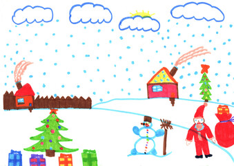 Winter landscape in village. Childish artwork about winter. New Year holidays