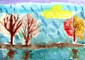 Painting watercolor landscape with tree in autumn. It is raining drawn by child
