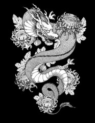 Chinese dragon with chrysanthemum flowers hand drawn vector illustration. Tattoo print. Hand drawn sketch illustration for t-shirt print, fabric and other uses.