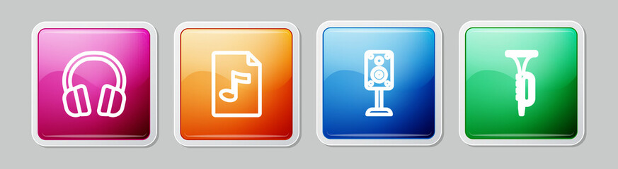 Set line Headphones, MP3 file document, Stereo speaker and Trumpet. Colorful square button. Vector