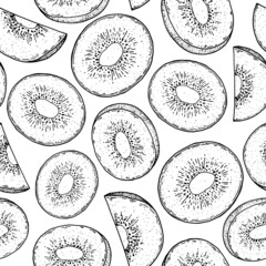 Seamless pattern with kiwi fruit sketch. Hand drawn vector illustration. Design, package, brochure illustration. Hand drawn kiwi fruits design template. Organic fresh food vector illustration.